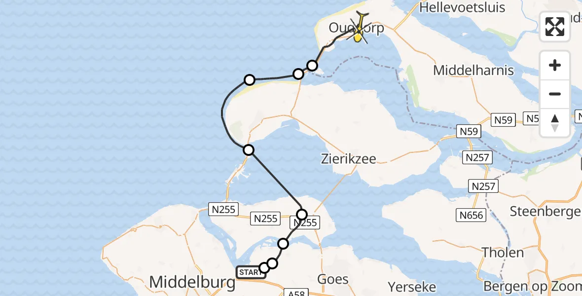 Routekaart van de vlucht: Politiehelikopter naar Ouddorp