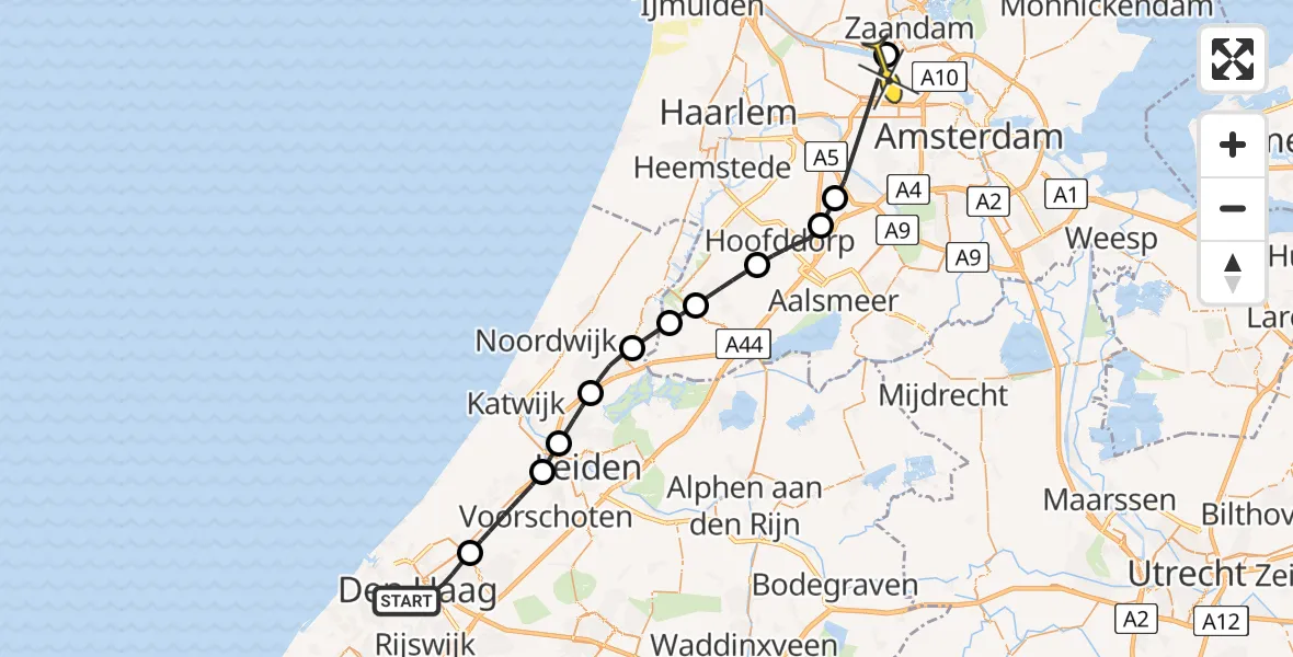 Routekaart van de vlucht: Lifeliner 1 naar Amsterdam Heliport