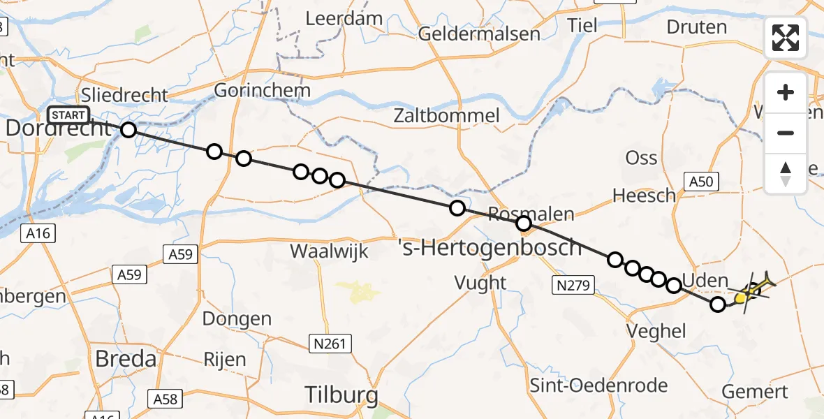 Routekaart van de vlucht: Lifeliner 3 naar Vliegbasis Volkel