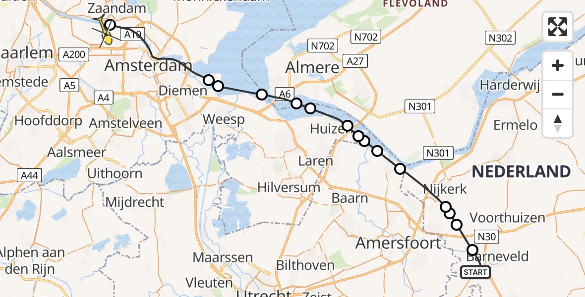 Routekaart van de vlucht: Lifeliner 1 naar Amsterdam Heliport