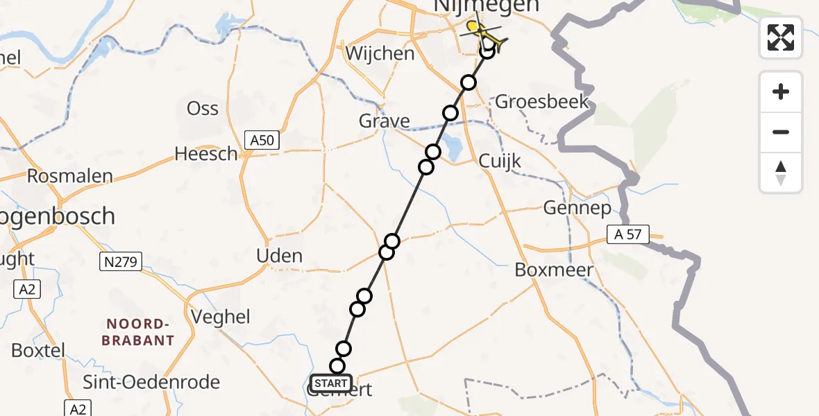 Routekaart van de vlucht: Lifeliner 3 naar Radboud Universitair Medisch Centrum