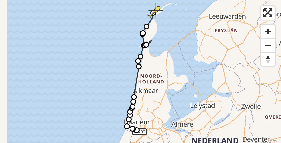Routekaart van de vlucht: Politiehelikopter naar Vlieland