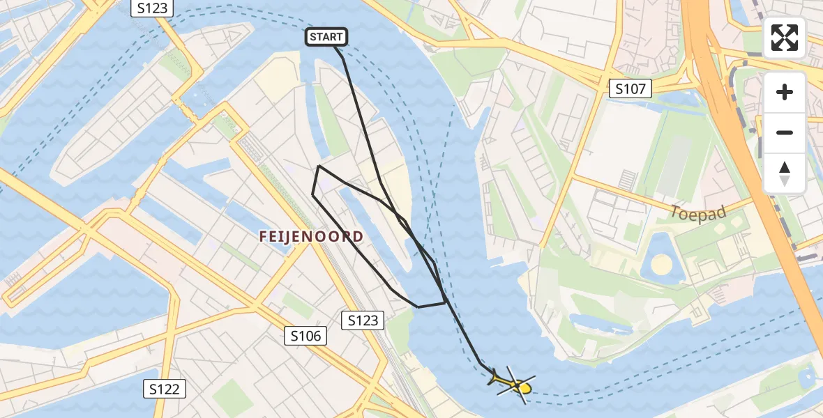 Vluchtroute Politiehelikopter van Rotterdam naar Rotterdam