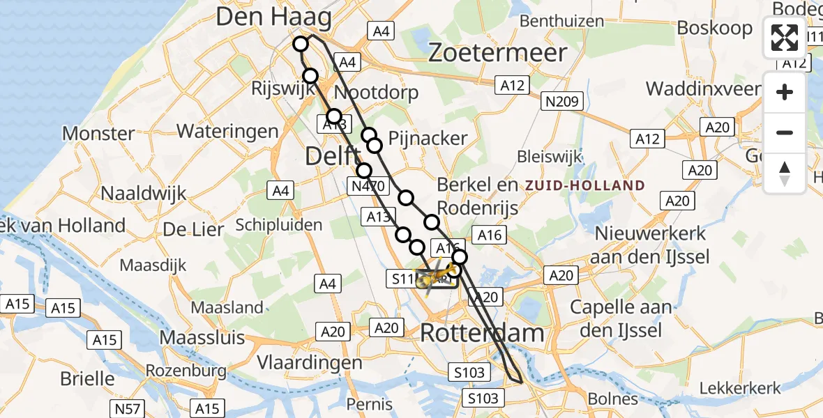 Vluchtroute Traumahelikopter Rotterdam The Hague Airport - Rotterdam The Hague Airport, 21 oktober 2023, 10:17