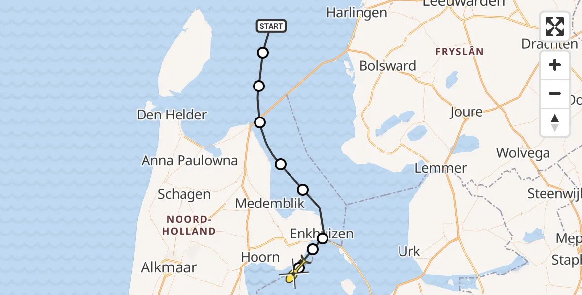 Routekaart van de vlucht: Politiehelikopter naar Lelystad