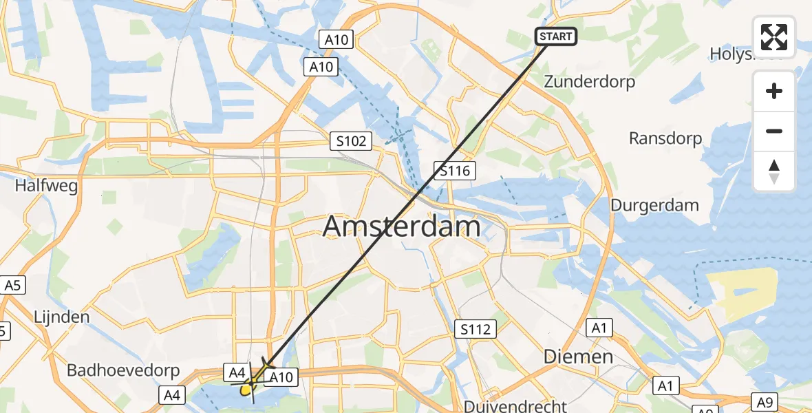 Routekaart van de vlucht: Politieheli naar Amsterdam