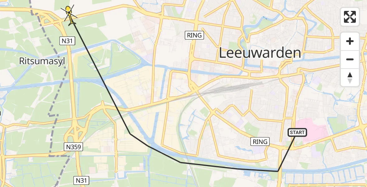Vluchtroute Ambulancehelikopter van Leeuwarden naar Leeuwarden