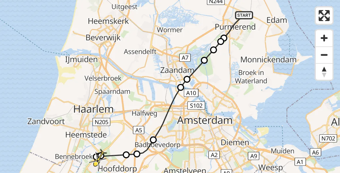 Routekaart van de vlucht: Lifeliner 1 naar Hoofddorp