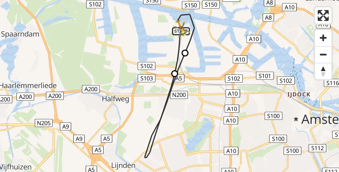 Vluchtroute Traumahelikopter Amsterdam Heliport - Amsterdam Heliport, 21 oktober 2023, 18:01