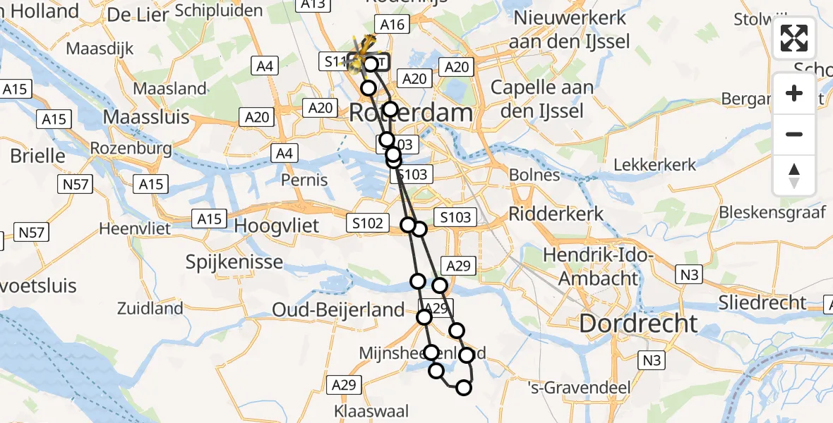 Vluchtroute Traumahelikopter Rotterdam The Hague Airport - Rotterdam The Hague Airport, 21 oktober 2023, 21:19