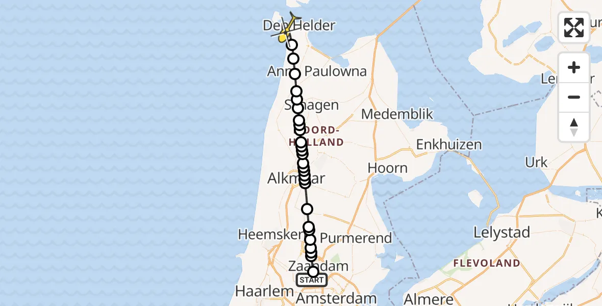 Routekaart van de vlucht: Lifeliner 1 naar Den Helder