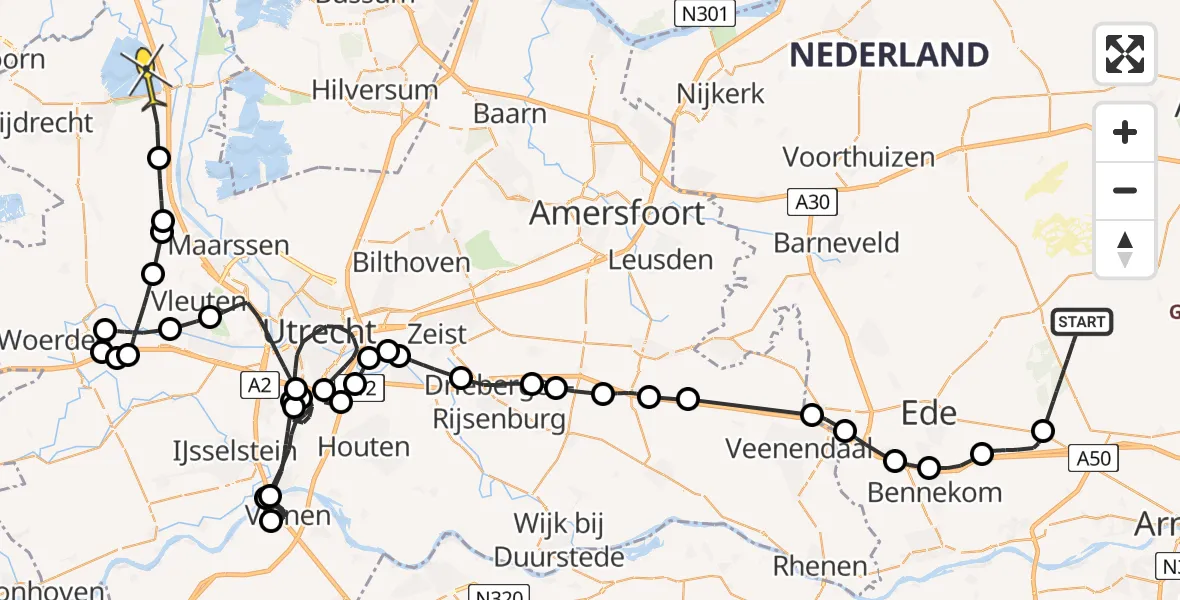 Routekaart van de vlucht: Politieheli naar Vinkeveen