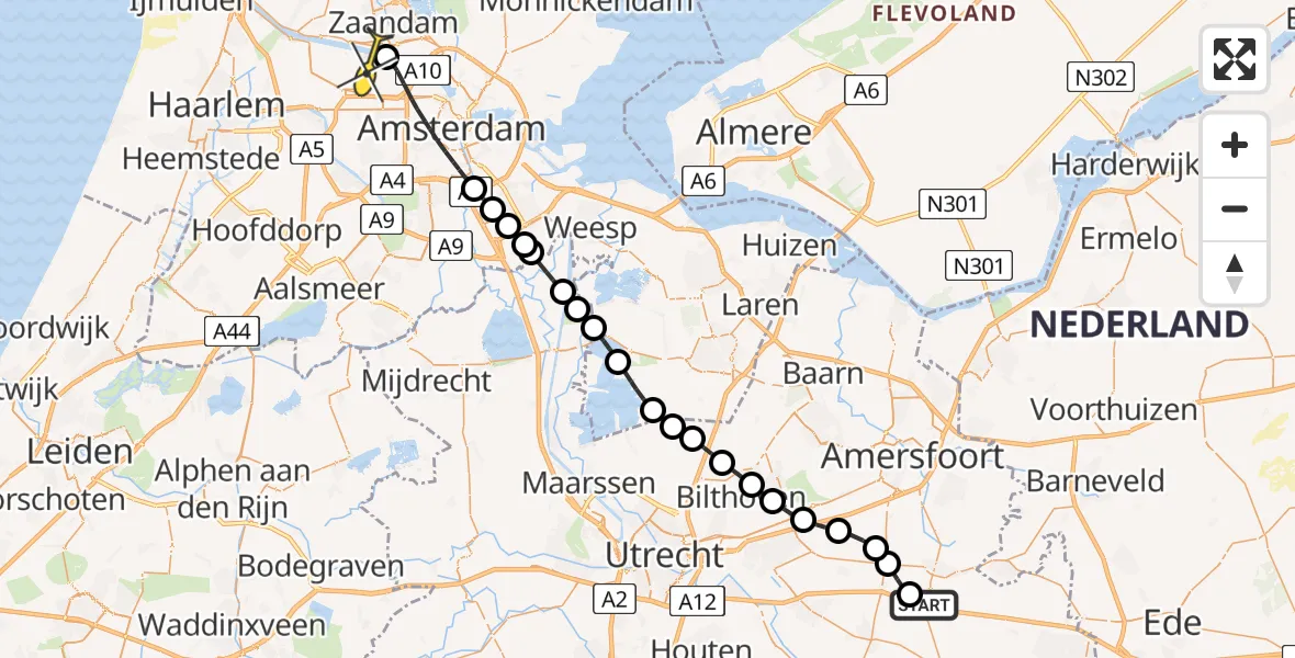 Routekaart van de vlucht: Lifeliner 1 naar Amsterdam Heliport