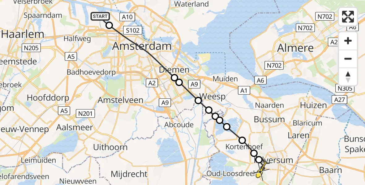 Routekaart van de vlucht: Lifeliner 1 naar Hilversum