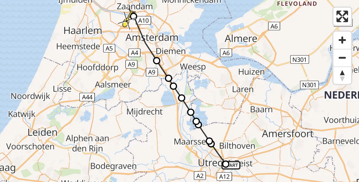 Routekaart van de vlucht: Lifeliner 1 naar Amsterdam Heliport