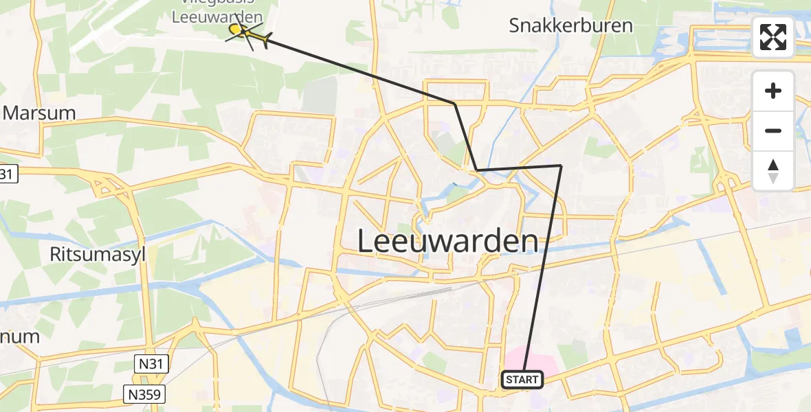 Vluchtroute Ambulancehelikopter van Leeuwarden naar Vliegbasis Leeuwarden