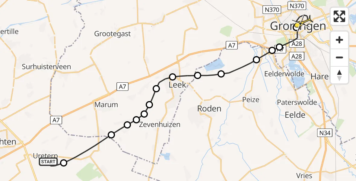 Routekaart van de vlucht: Lifeliner 4 naar Universitair Medisch Centrum Groningen