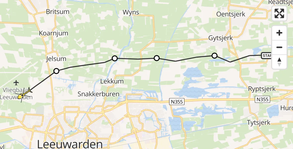 Routekaart van de vlucht: Ambulanceheli naar Vliegbasis Leeuwarden