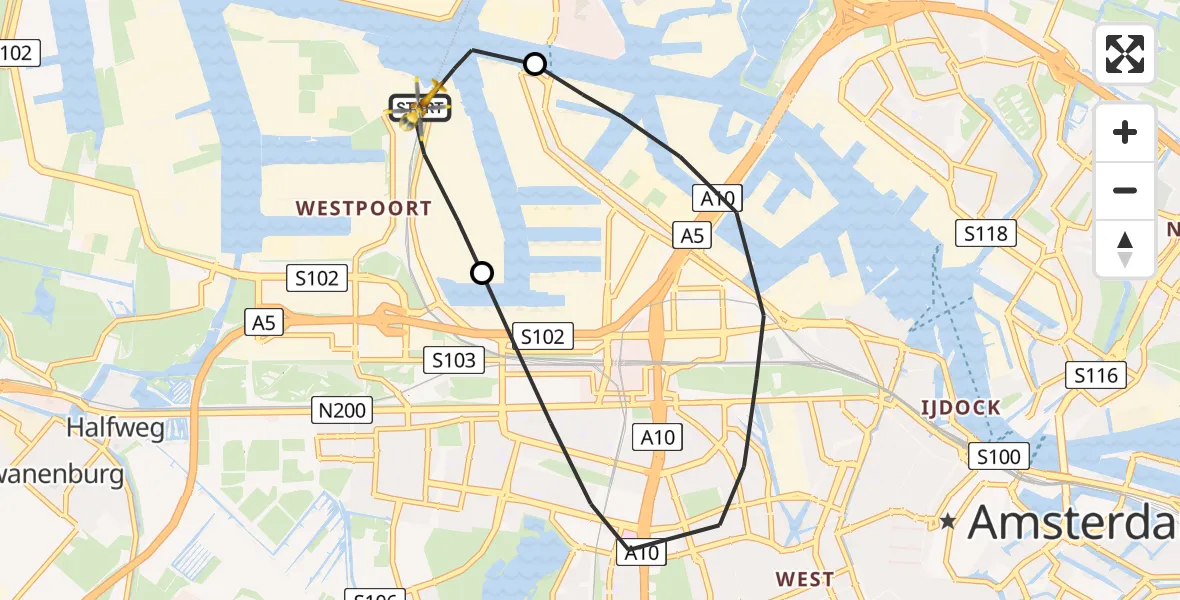 Vluchtroute Traumahelikopter Amsterdam Heliport - Amsterdam Heliport, 22 oktober 2023, 17:45