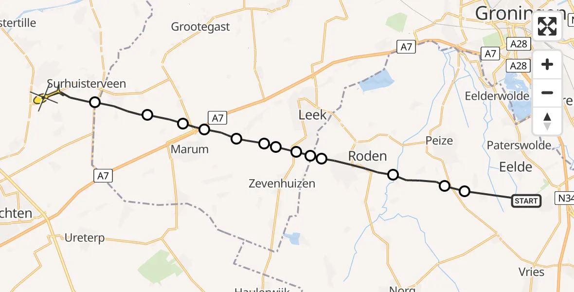Routekaart van de vlucht: Ambulanceheli naar Surhuisterveen