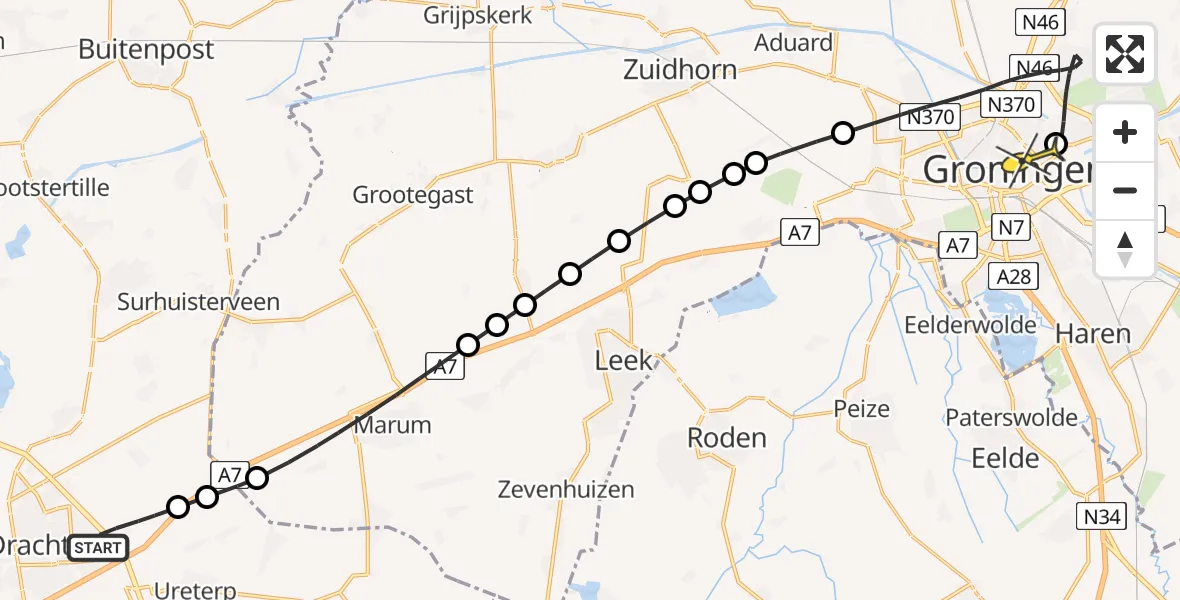 Routekaart van de vlucht: Lifeliner 4 naar Universitair Medisch Centrum Groningen