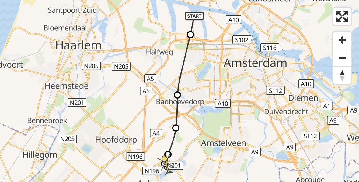 Routekaart van de vlucht: Lifeliner 1 naar Schiphol-Rijk