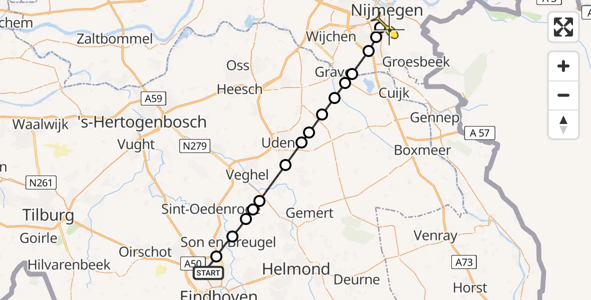 Routekaart van de vlucht: Lifeliner 3 naar Radboud Universitair Medisch Centrum