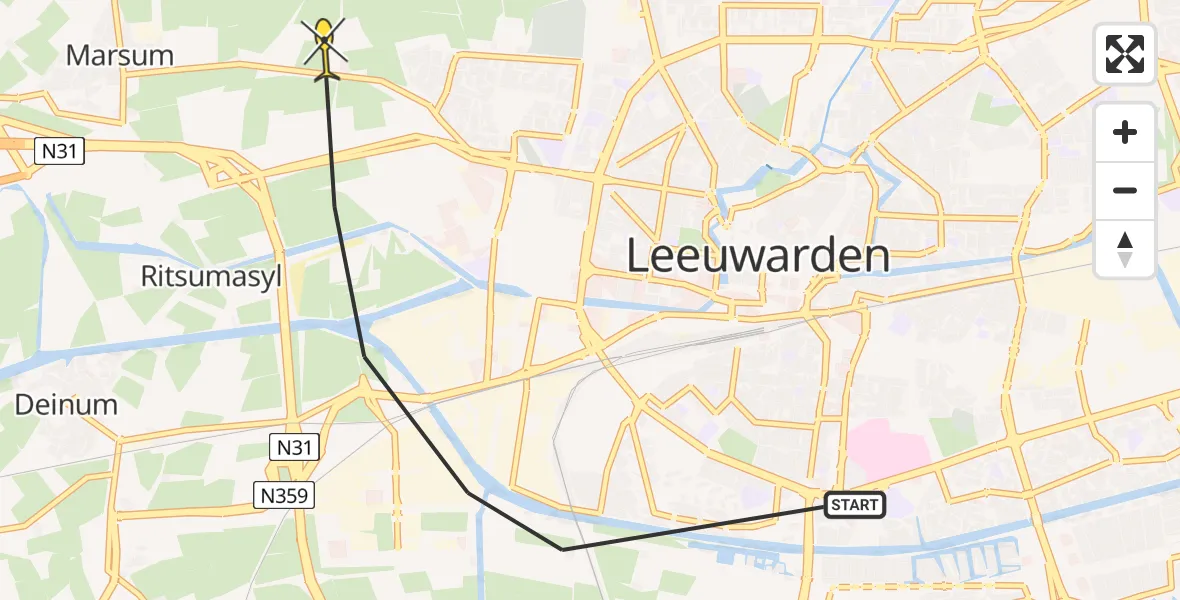 Vluchtroute Ambulancehelikopter van Leeuwarden naar Leeuwarden