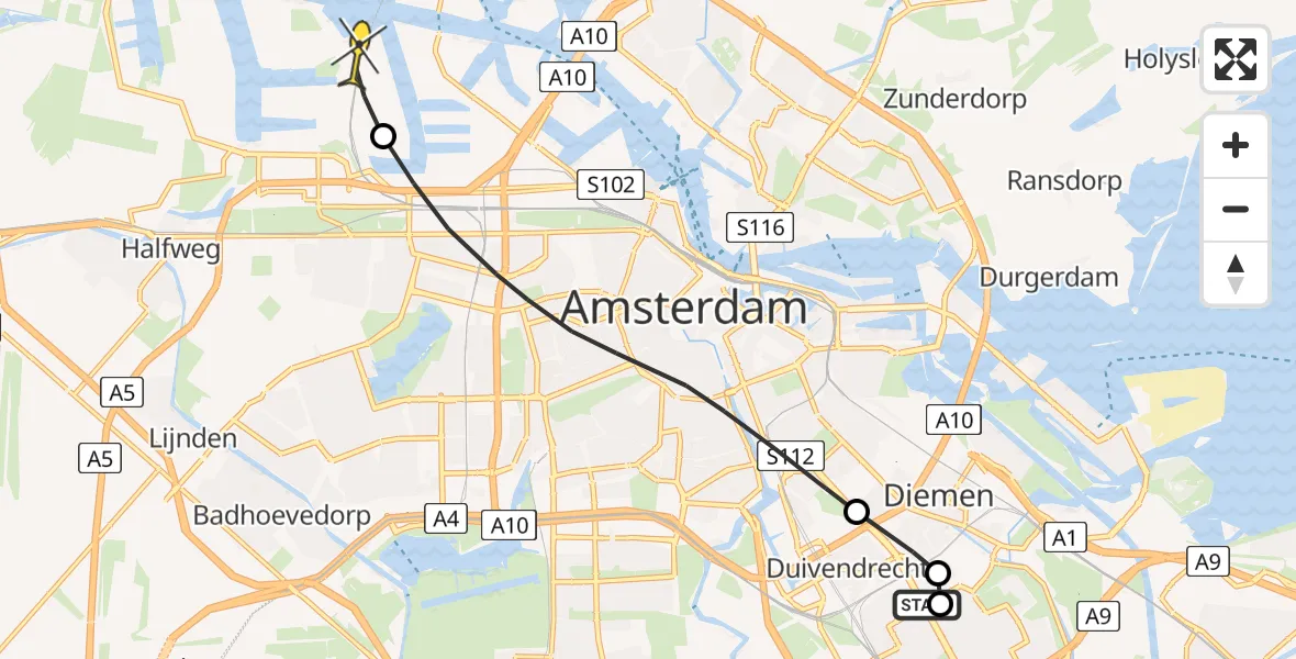 Routekaart van de vlucht: Lifeliner 1 naar Amsterdam Heliport