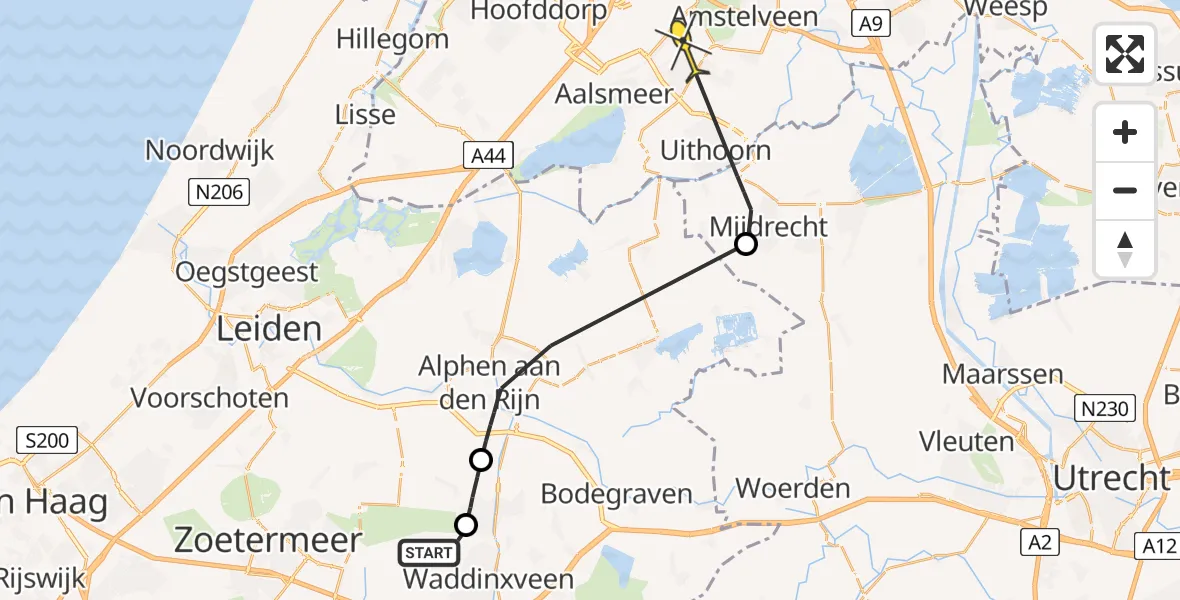 Routekaart van de vlucht: Politieheli naar Aalsmeer