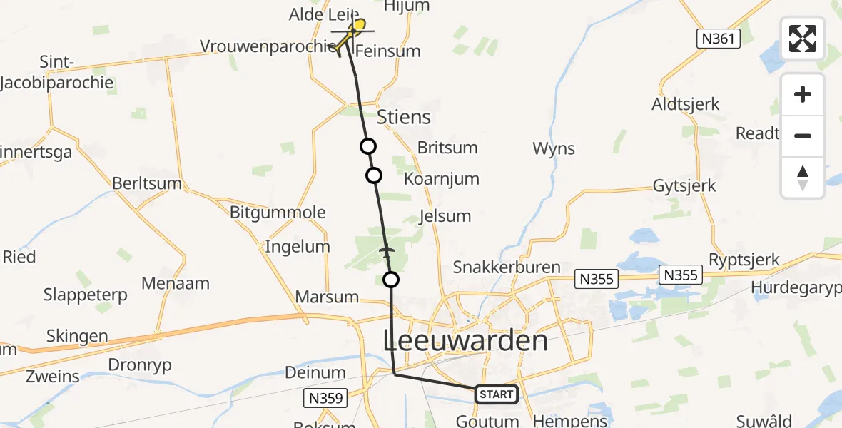 Routekaart van de vlucht: Ambulancehelikopter naar Stiens
