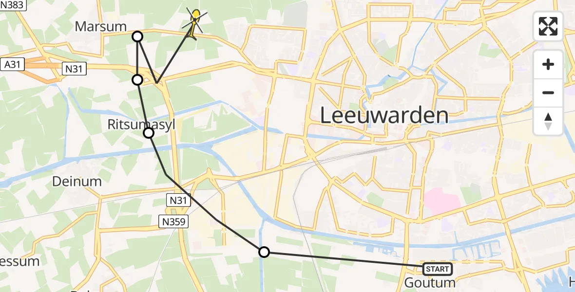 Routekaart van de vlucht: Ambulanceheli naar Leeuwarden