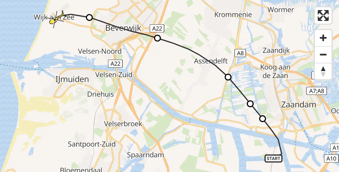 Routekaart van de vlucht: Lifeliner 1 naar Wijk aan Zee