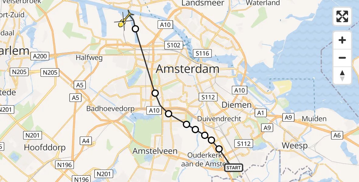 Routekaart van de vlucht: Lifeliner 1 naar Amsterdam Heliport