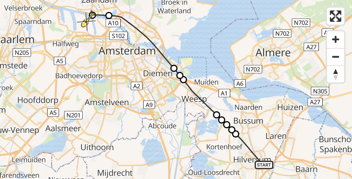 Routekaart van de vlucht: Lifeliner 1 naar Amsterdam Heliport