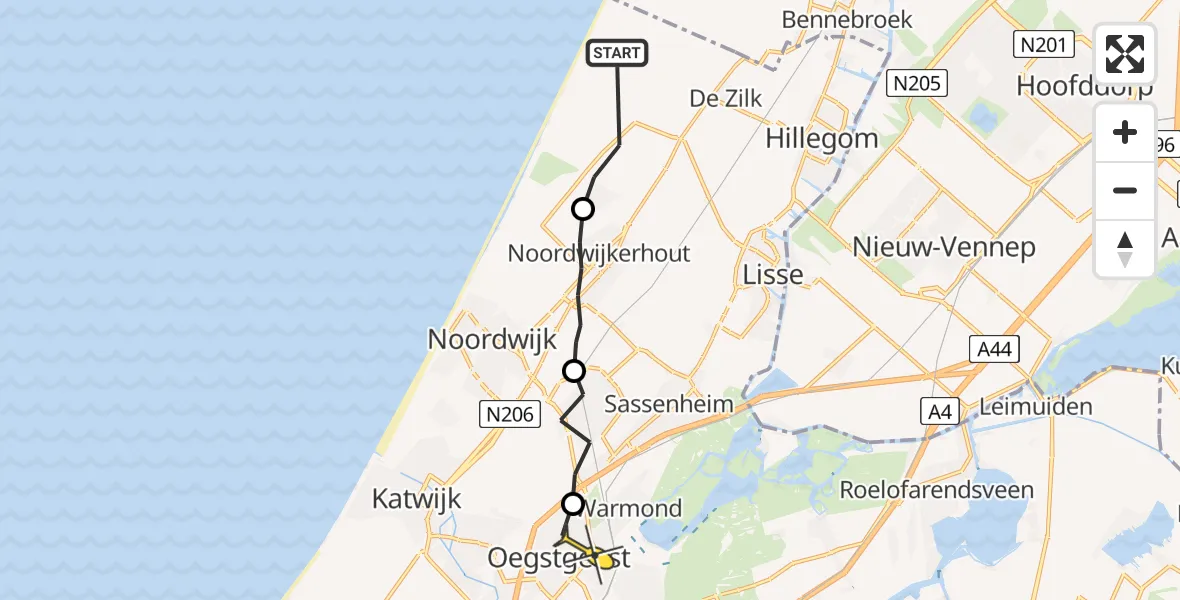 Routekaart van de vlucht: Ambulanceheli naar Oegstgeest