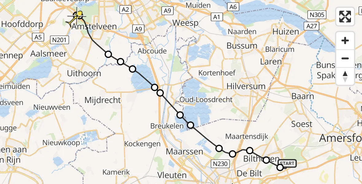 Routekaart van de vlucht: Politieheli naar Schiphol