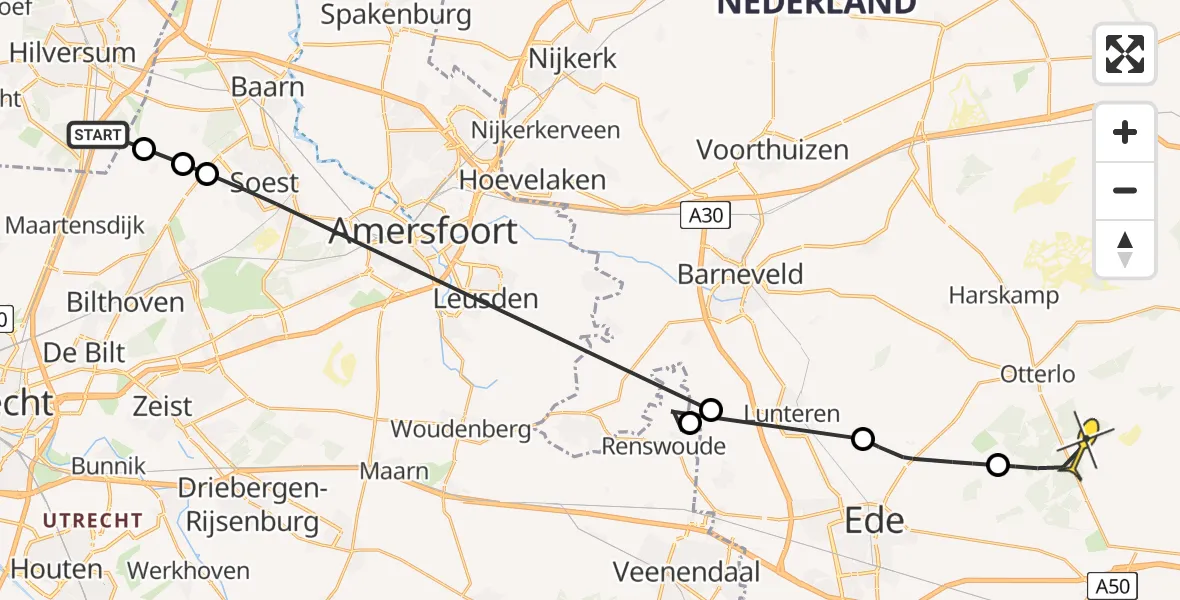 Routekaart van de vlucht: Politiehelikopter naar Otterlo