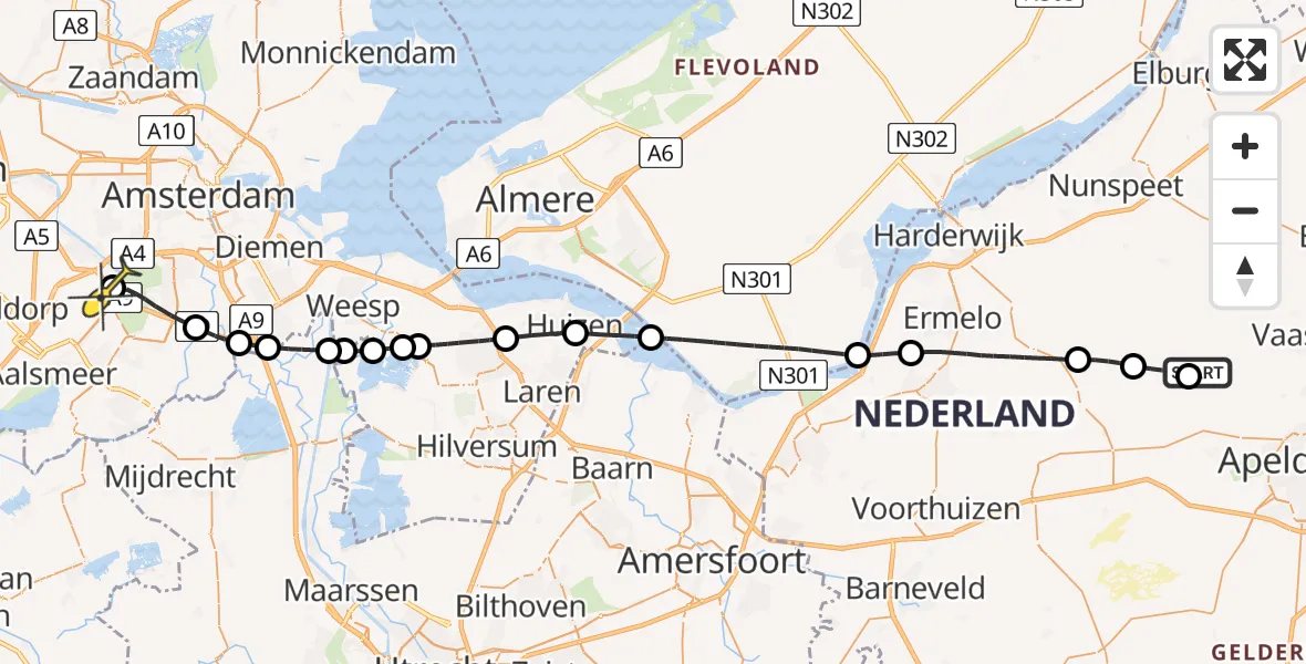 Routekaart van de vlucht: Politieheli naar Schiphol