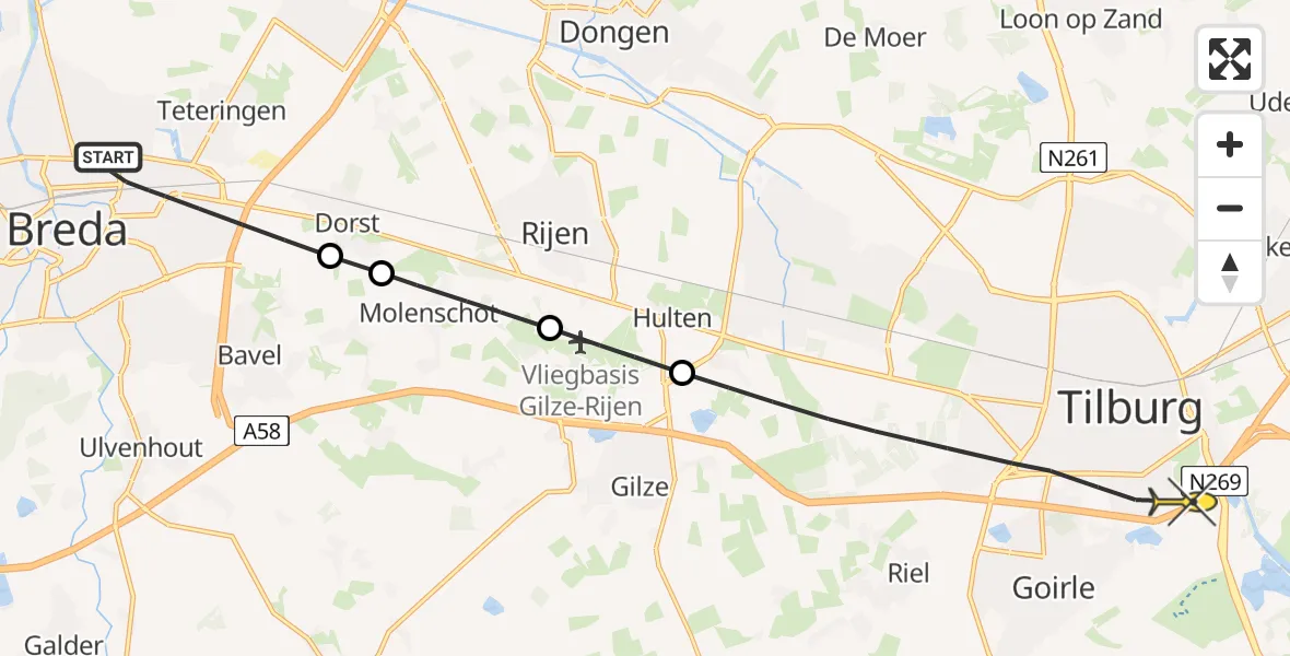 Routekaart van de vlucht: Lifeliner 2 naar Tilburg