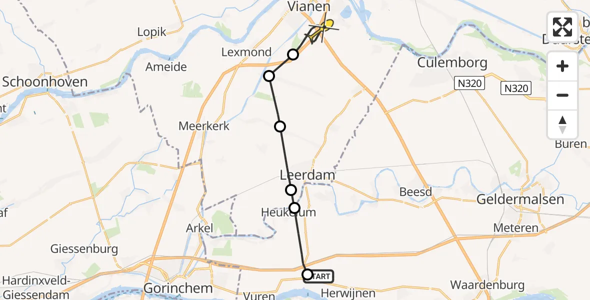 Routekaart van de vlucht: Politiehelikopter naar Vianen