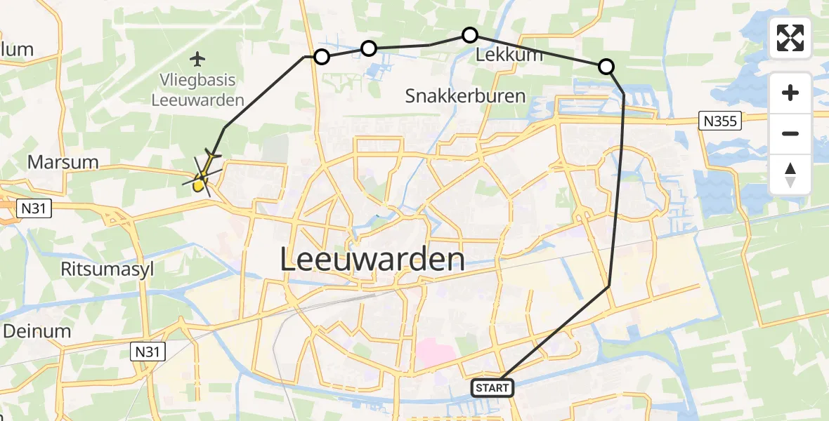Vluchtroute Ambulancehelikopter van Leeuwarden naar Leeuwarden