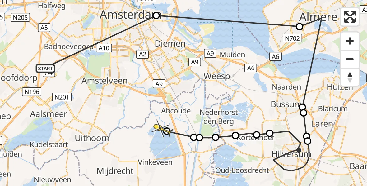 Routekaart van de vlucht: Politieheli naar Vinkeveen