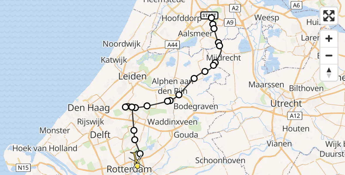 Routekaart van de vlucht: Politieheli naar Rotterdam