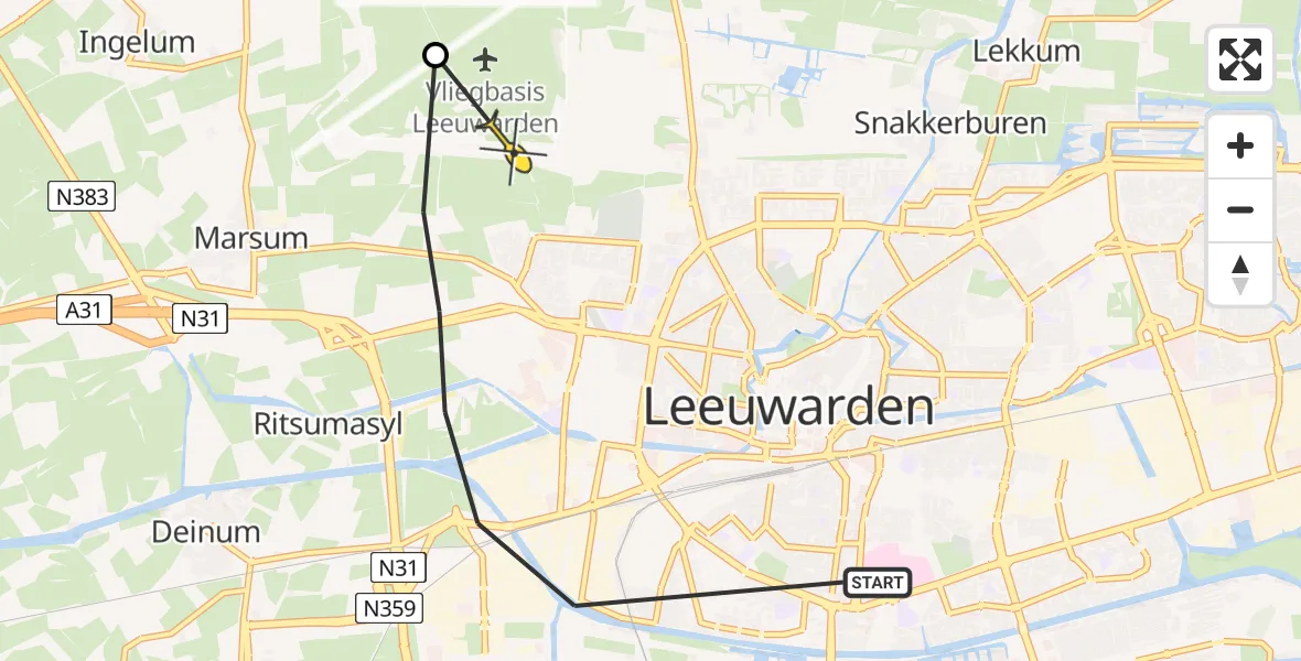 Vluchtroute Ambulancehelikopter van Leeuwarden naar Vliegbasis Leeuwarden