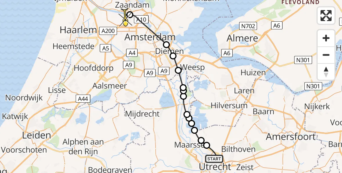 Routekaart van de vlucht: Lifeliner 1 naar Amsterdam Heliport