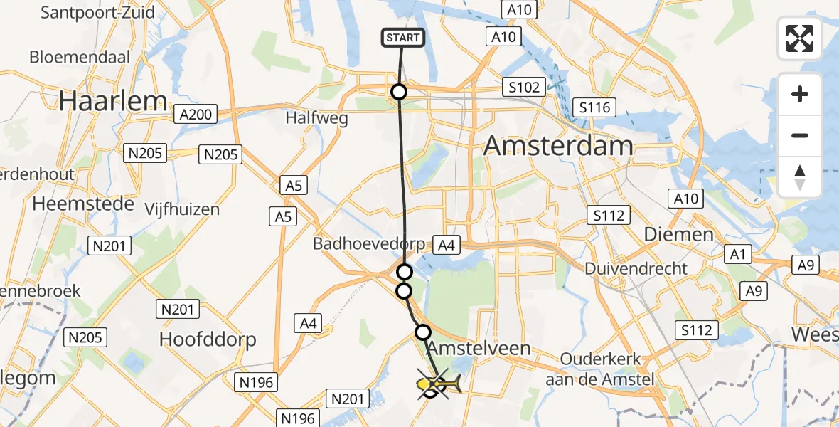 Routekaart van de vlucht: Lifeliner 1 naar Amstelveen