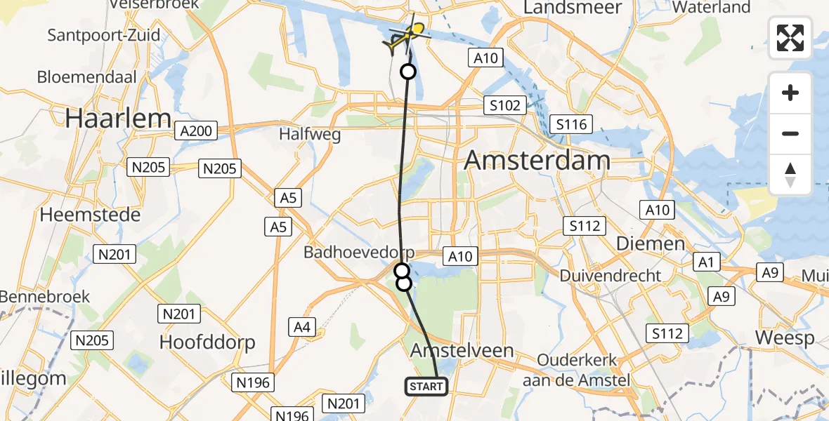 Routekaart van de vlucht: Lifeliner 1 naar Amsterdam Heliport