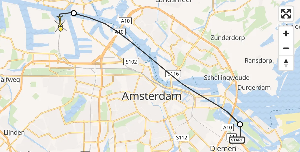 Routekaart van de vlucht: Lifeliner 1 naar Amsterdam Heliport