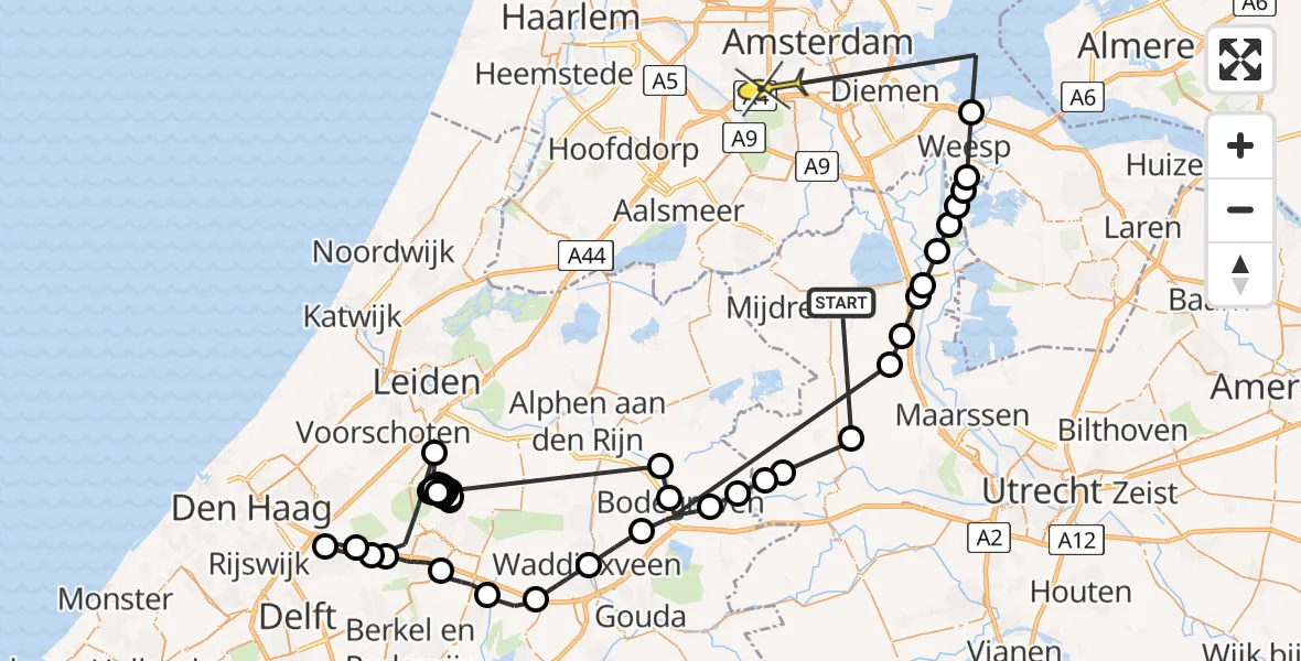 Routekaart van de vlucht: Politieheli naar Amsterdam